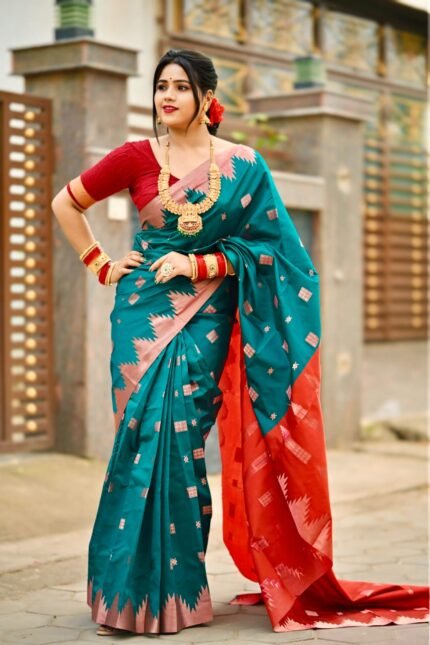 Banarasi-Sambalpuri Fusion Saree | Radiant Orange with Royal Blue Elegance