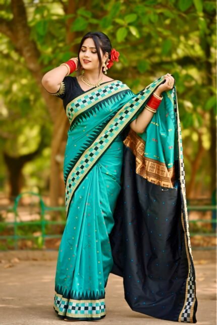 Peacock Green Banarasi Sambalpuri Saree | Gold Zari Pallu Elegance