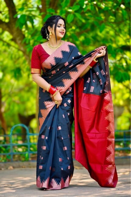 Elegant Black Sambalpuri Ikat Saree | Red and Copper Accents