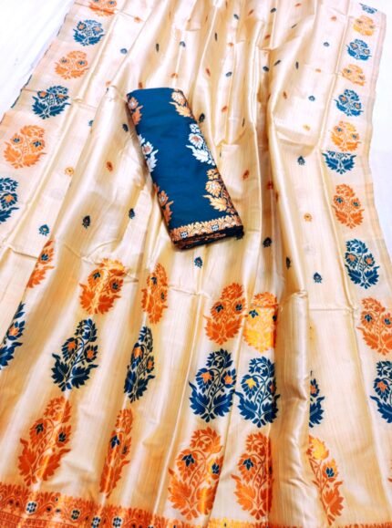 Kata Laga Assamese Mekhla Chador – Handloom Look | Contrast Poly Silk Set