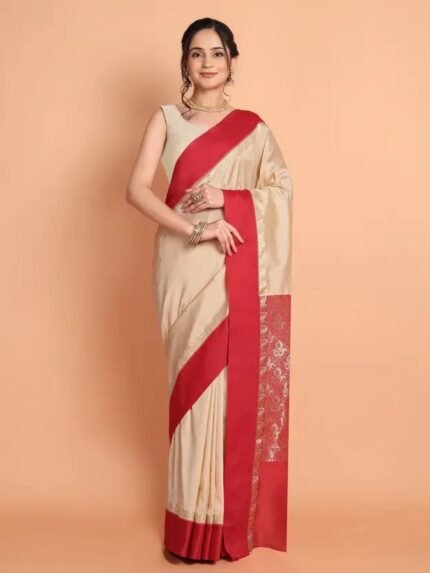 Durga Puja Kanjivaram Banarasi Saree | Beige & Maroon